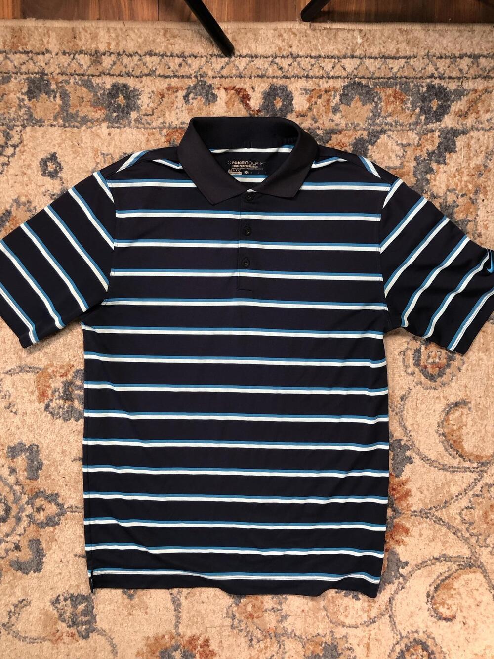 Nike Golf Dri-FIT Polo Shirt Mens M Blue Stripe Golf Short Sleeve Performance